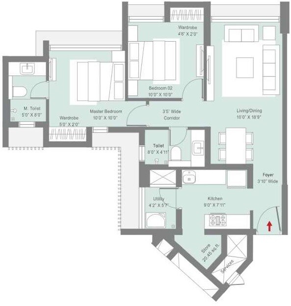 Floor plan of 2 BHK 703 Sq. Ft. Apartment in Lodha Casa Viva, Thane