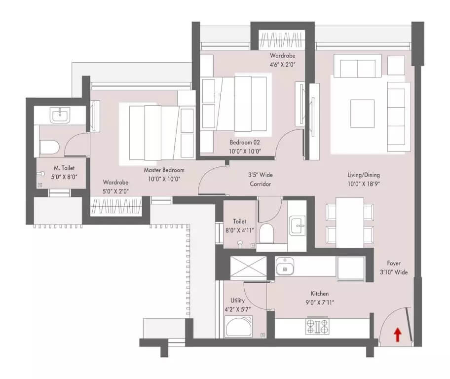 Floor plan of 2 BHK 677 Sq. Ft. Apartment in Lodha Casa Viva, Thane