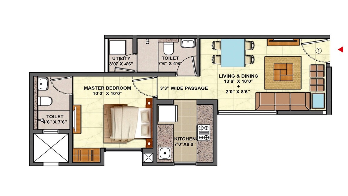 Floor plan of 1 BHK Apartment - 381 sq. ft. in Lodha Centre Park, Thane