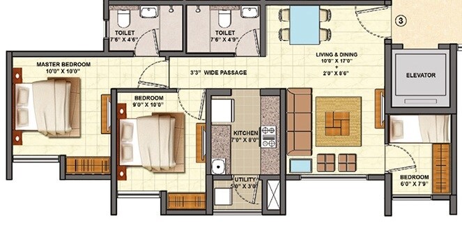 Floor plan of 3 BHK Apartment - 642 sq. ft. in Lodha Centre Park, Thane