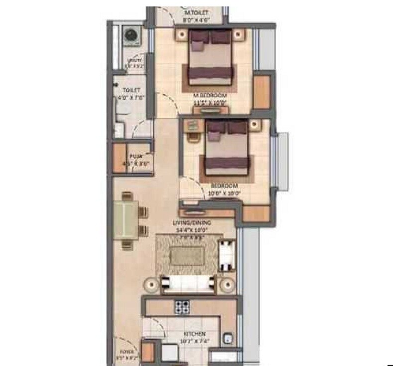 Floor plan of 2 BHK 882 Sq. Ft. Apartment in Lodha Clariant, Thane