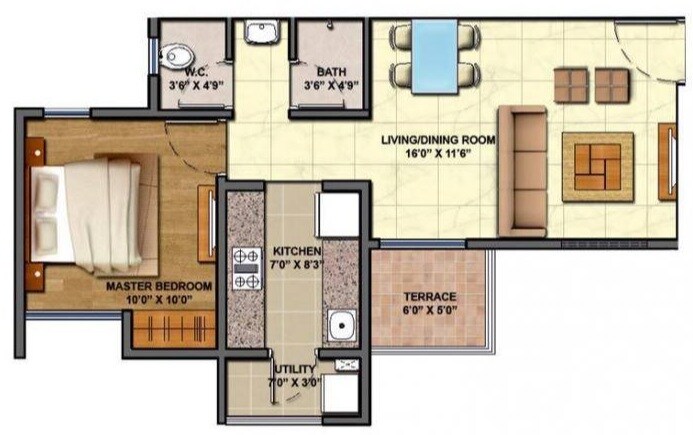 Floor plan of 1 BHK 729 Sq. Ft. Apartment in Lodha Codename 18Th Avenue, Thane