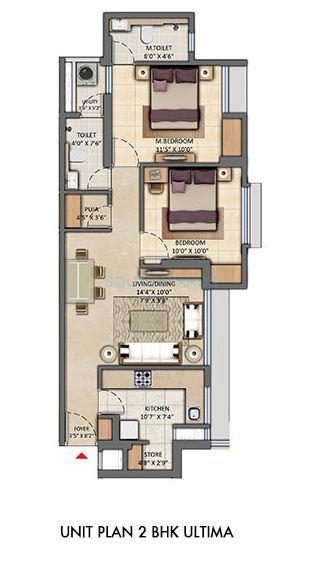 Floor plan of 2 BHK 1026 Sq. Ft. Apartment in Lodha Codename Fortune Forever, Thane