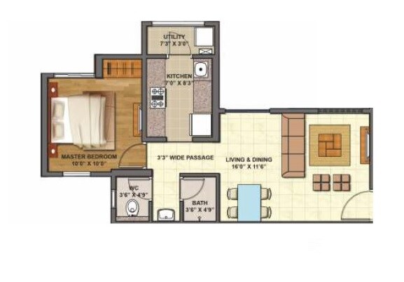 Floor plan of 1 BHK 702 Sq. Ft. Apartment in Lodha Codename Epic, Thane