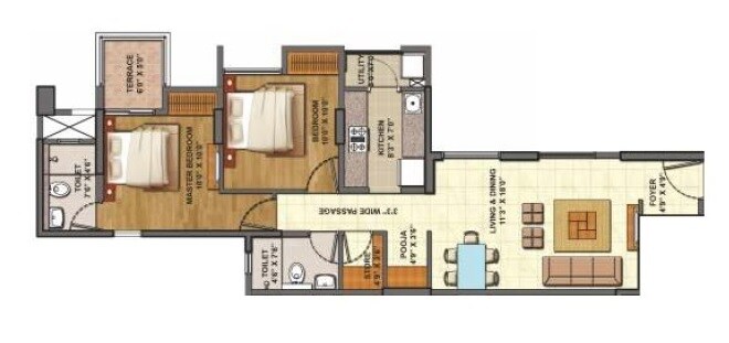 Floor plan of 2 BHK 1125 Sq. Ft. Apartment in Lodha Codename Epic, Thane