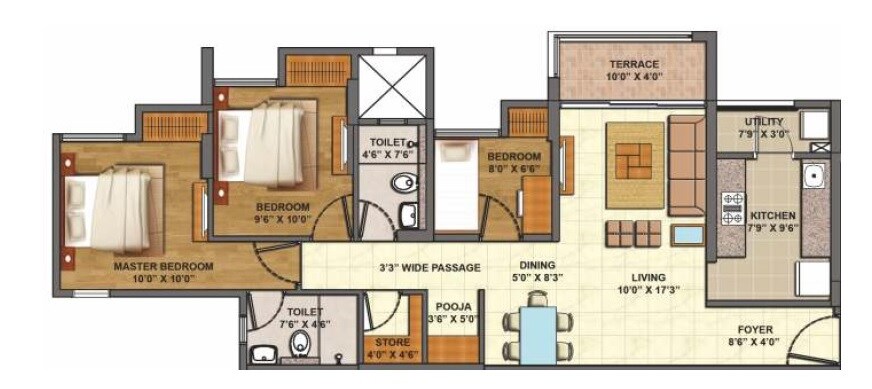 Floor plan of 3 BHK 1305 Sq. Ft. Apartment in Lodha Codename Epic, Thane