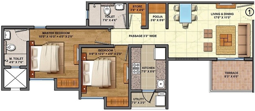 Floor plan of 2 BHK 745 Sq. Ft. Apartment in Lodha Codename Finale, Thane