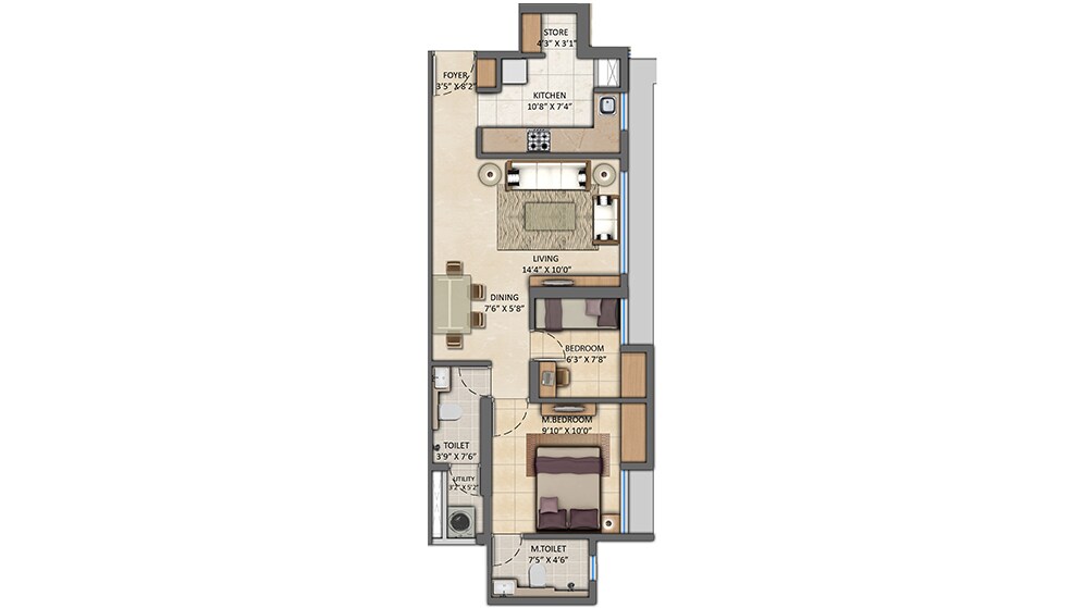 Floor plan of 2 BHK 882 Sq. Ft. Apartment in Lodha Codename Fortune Forever, Thane