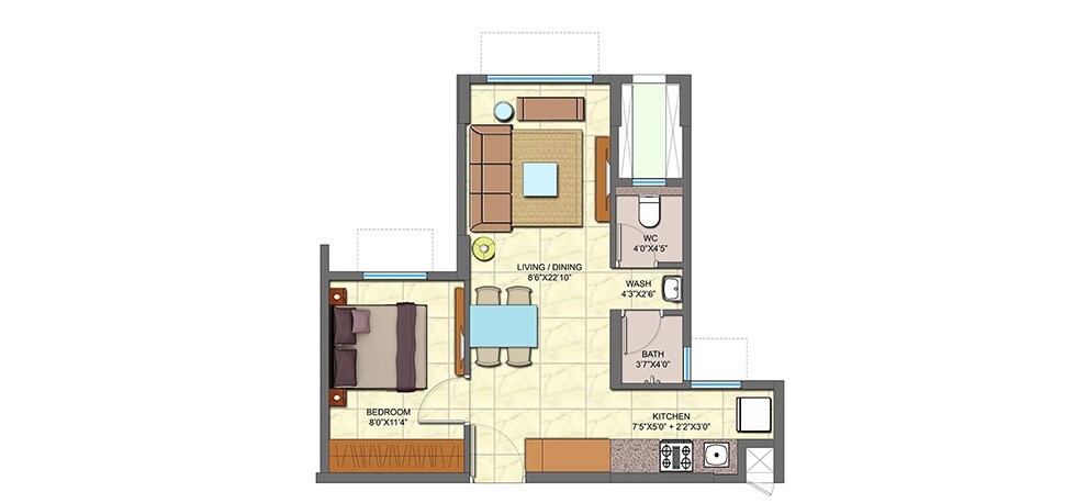 Floor plan of 1 BHK 380 Sq. Ft. Apartment in Lodha Codename Golden Sunrise, Thane