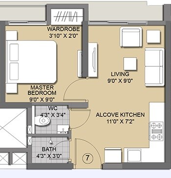 Floor plan of 1 BHK 406 Sq. Ft. Apartment in Lodha Codename Golden Ticket, Thane