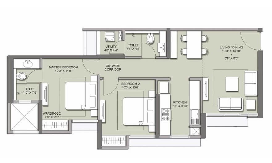 Floor plan of 2 BHK 580 Sq. Ft. Apartment in Lodha Codename Golden Ticket, Thane