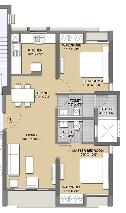 Floor plan of 2 BHK 644 Sq. Ft. Apartment in Lodha Codename Golden Ticket, Thane