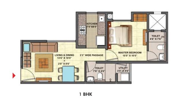 Floor plan of 1 BHK 666 Sq. Ft. Apartment in Lodha Codename Golden Tomorrow, Thane