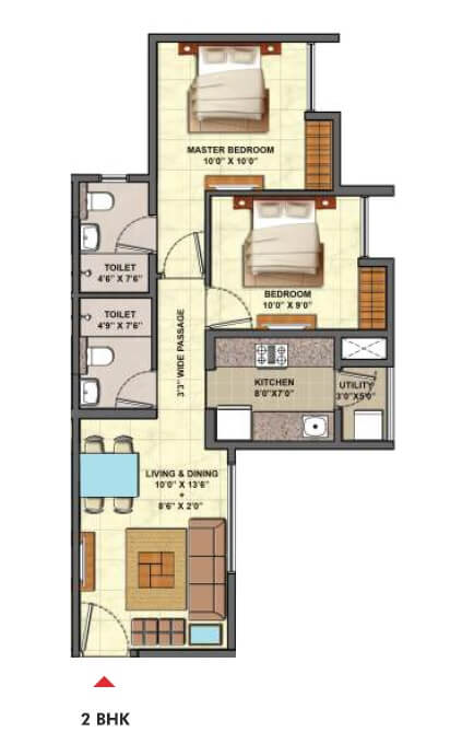 Floor plan of 2 BHK 873 Sq. Ft. Apartment in Lodha Codename Golden Tomorrow, Thane