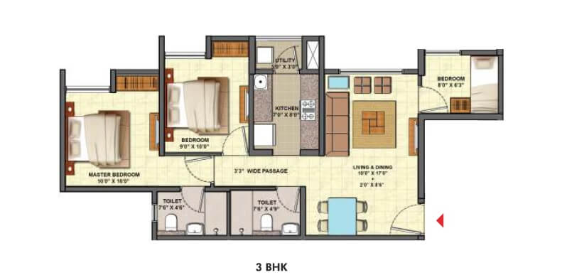 Floor plan of 3 BHK 1008 Sq. Ft. Apartment in Lodha Codename Golden Tomorrow, Thane