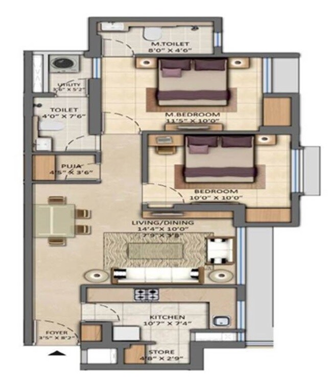Floor plan of 2 BHK 1026 Sq. Ft. Apartment in Lodha Codename Mega Star, Thane
