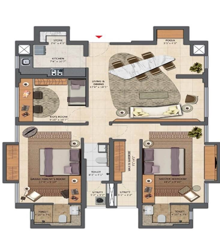 Floor plan of 3 BHK 1764 Sq. Ft. Apartment in Lodha Codename Mega Star, Thane