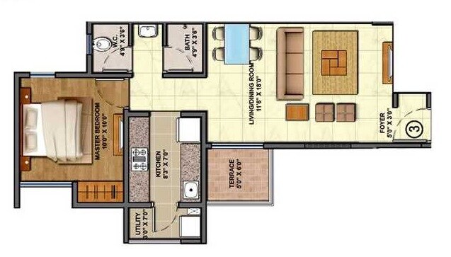 Floor plan of 1 BHK 774 Sq. Ft. Apartment in Lodha Codename Milestone, Thane