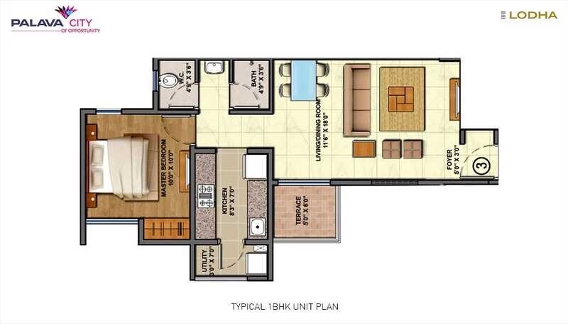 Floor plan of 1 BHK 882 Sq. Ft. Apartment in Lodha Codename Milestone, Thane