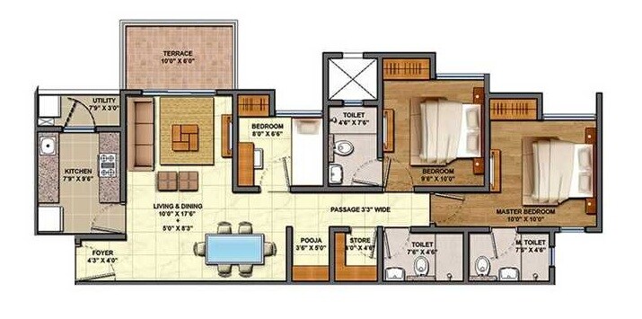 Floor plan of 3 BHK 1287 Sq. Ft. Apartment in Lodha Codename Milestone, Thane