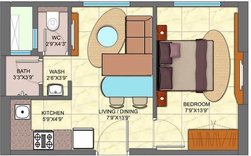 Floor plan of 1 BHK 334 Sq. Ft. Apartment in Lodha Crown Jasmine D E And F, Thane