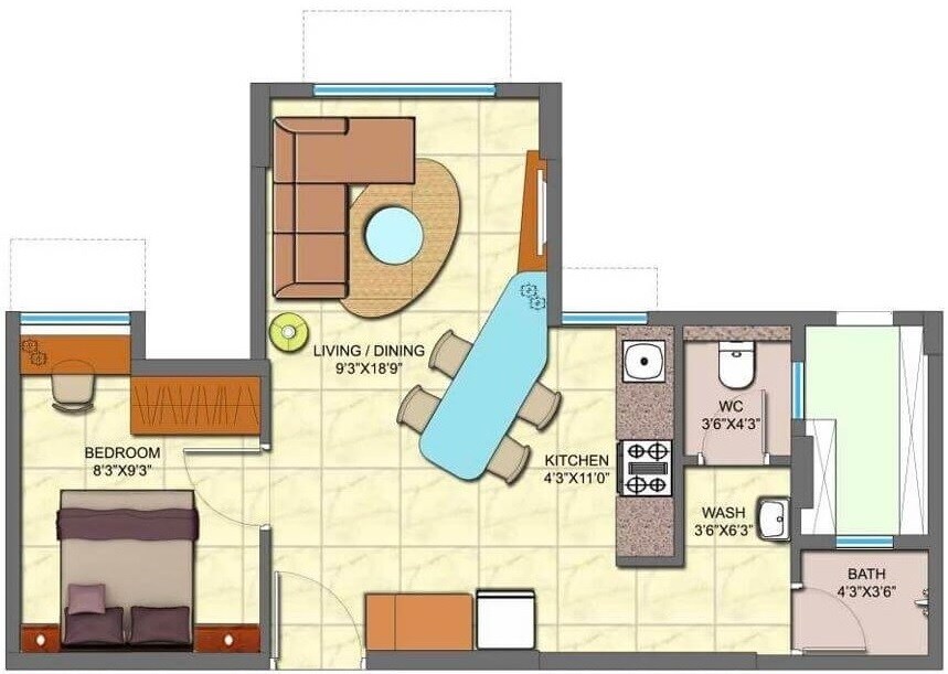 Floor plan of 1 BHK 354 Sq. Ft. Apartment in Lodha Crown Jasmine D E And F, Thane