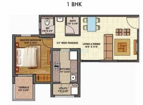 Floor plan of 1 BHK 783 Sq. Ft. Apartment in Lodha Downtown, Thane