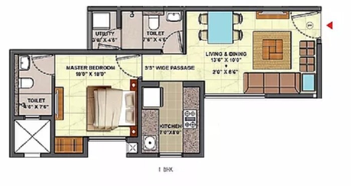 Floor plan of 1 BHK 819 Sq. Ft. Apartment in Lodha Downtown, Thane
