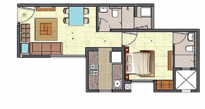 Floor plan of 1 BHK 855 Sq. Ft. Apartment in Lodha Downtown, Thane