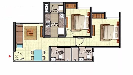 Floor plan of 2 BHK 1161 Sq. Ft. Apartment in Lodha Downtown, Thane