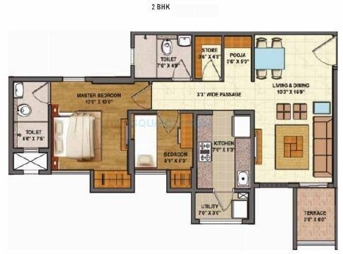 Floor plan of 2 BHK 927 Sq. Ft. Apartment in Lodha Downtown, Thane
