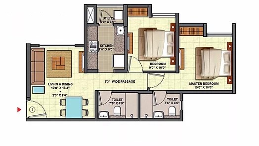 Floor plan of 2 BHK 954 Sq. Ft. Apartment in Lodha Downtown, Thane