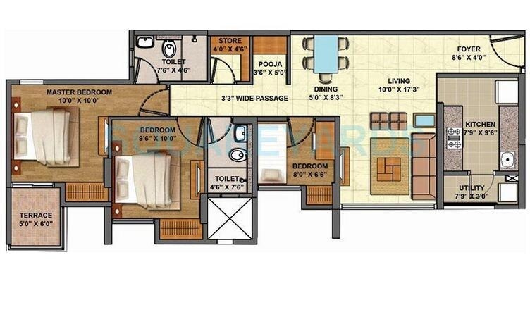 Floor plan of 3 BHK 1332 Sq. Ft. Apartment in Lodha Downtown, Thane