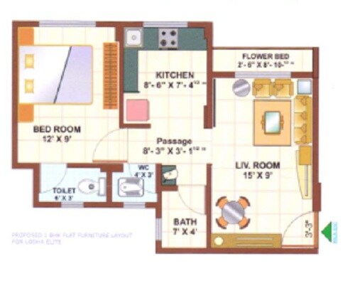 Floor plan of 1 BHK 496 Sq. Ft. Apartment in Lodha Elite, Thane