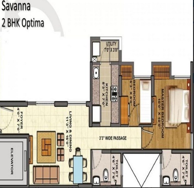 Floor plan of 2 BHK 557 Sq. Ft. Apartment in Lodha Finale, Thane