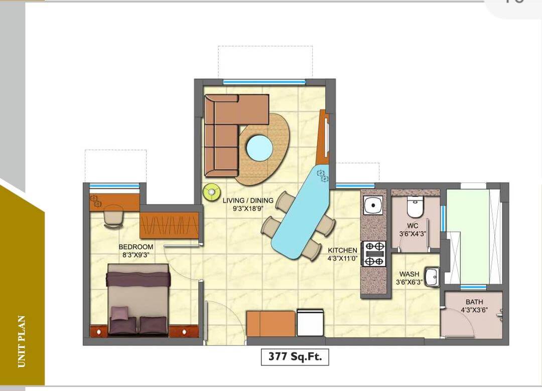 Floor plan of 1 BHK 377 Sq. Ft. Apartment in Lodha Golden Dream, Thane