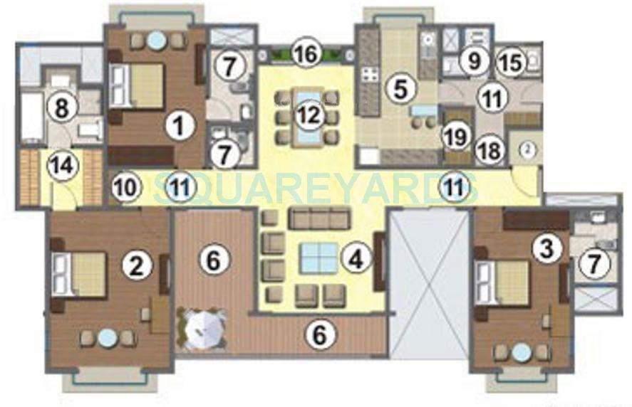 Floor plan of 3 BHK 2115 Sq. Ft. Apartment in Lodha Golflinks, Thane