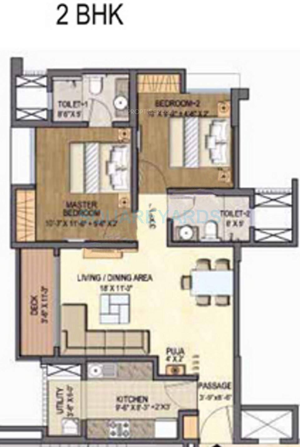 Floor plan of 2 BHK 1100 Sq. Ft. Apartment in Lodha Grandezza, Thane