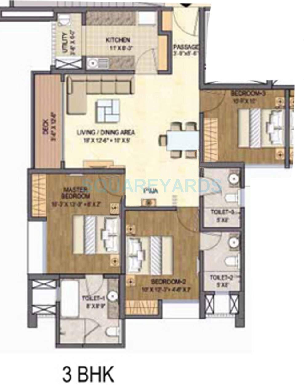 Floor plan of 3 BHK 1500 Sq. Ft. Apartment in Lodha Grandezza, Thane