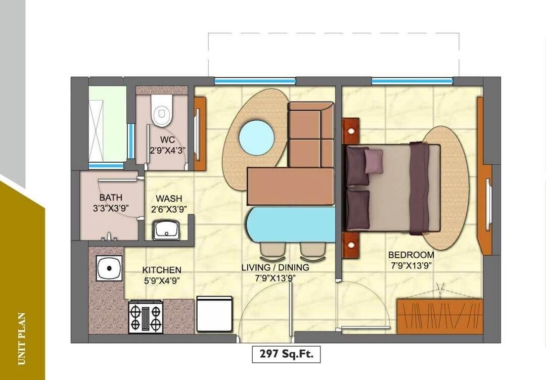 Floor plan of 1 BHK 297 Sq. Ft. Apartment in Lodha Jasmine A, B C G H and I, Thane