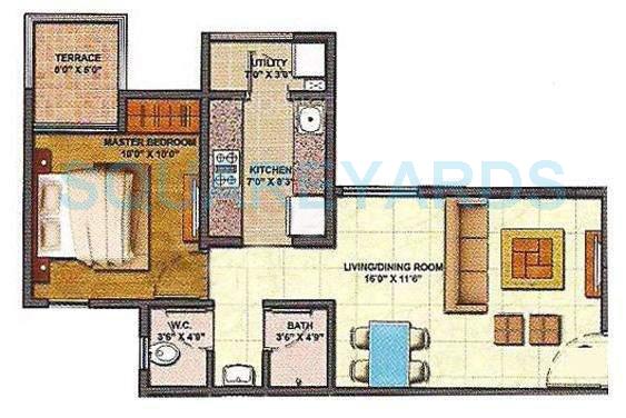 Floor plan of 1 BHK 334 Sq. Ft. Apartment in Lodha Lakeshore Greens, Thane