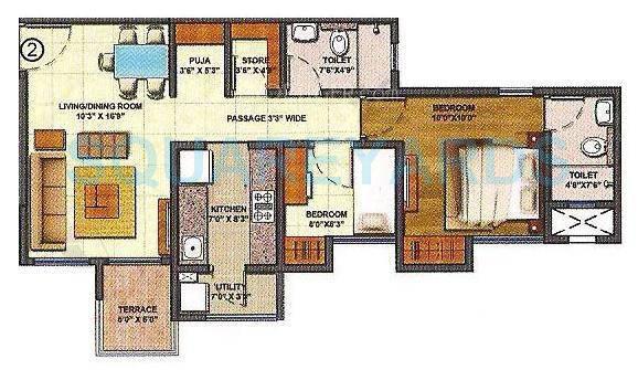 Floor plan of 2 BHK 556 Sq. Ft. Apartment in Lodha Lakeshore Greens, Thane