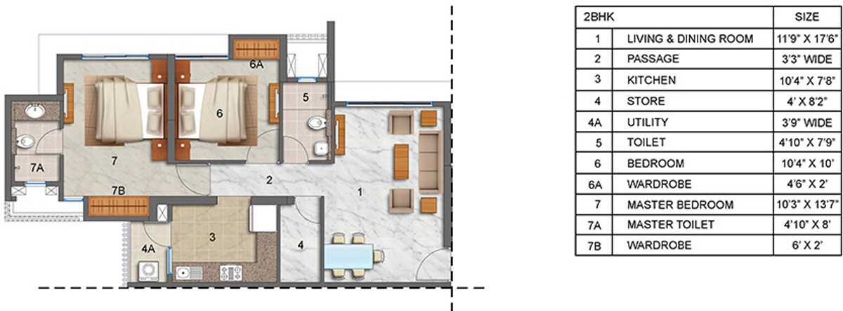 Floor plan of 2 BHK 1044 Sq. Ft. Apartment in Lodha Luxuria, Thane