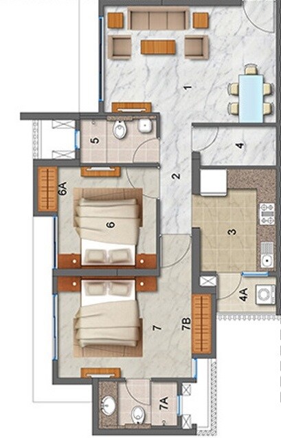 Floor plan of 2 BHK 1206 Sq. Ft. Apartment in Lodha Luxuria, Thane