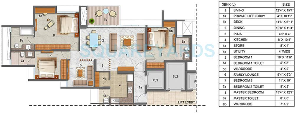 Floor plan of 3 BHK Apartment - 1095 sq. ft. in Lodha Luxuria Priva, Thane