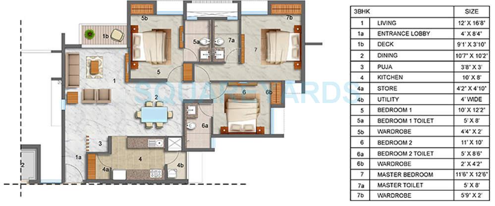 Floor plan of 3 BHK Apartment - 1300 sq. ft. in Lodha Luxuria Priva, Thane