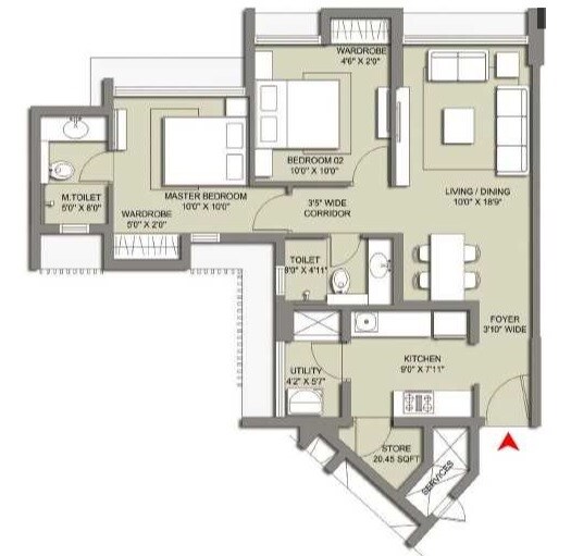 Floor plan of 2 BHK 677 Sq. Ft. Apartment in Lodha Majiwada Tower 1, Thane