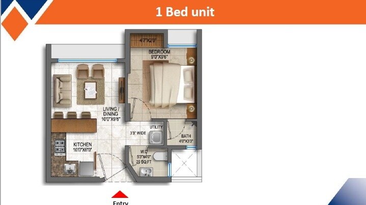 Floor plan of 1 BHK 418 Sq. Ft. Apartment in Lodha Majiwada Tower 4, Thane