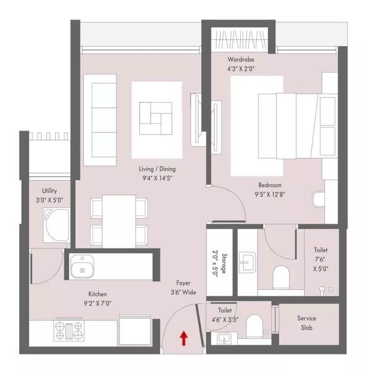 Floor plan of 1 BHK 454 Sq. Ft. Apartment in Lodha Majiwada Tower 5, Thane