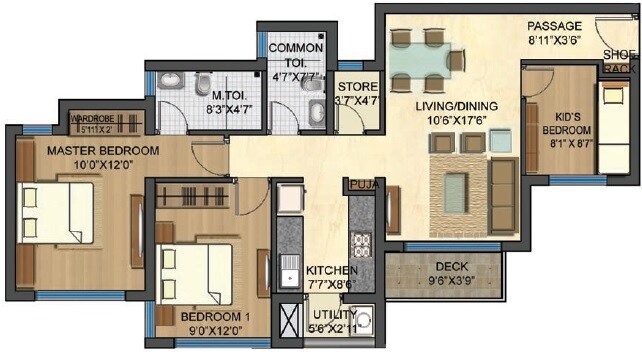 Floor plan of 3 BHK 1368 Sq. Ft. Apartment in Lodha Palava - Casa Bella, Thane